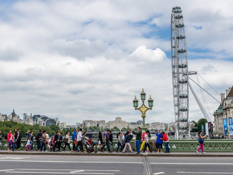 Touristen passieren Straße mit dem London Eye im Hintergrund