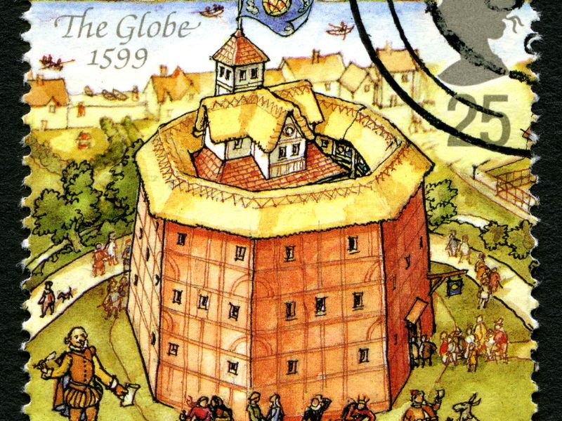 Alte Briefmarke mit dem ursprünglichen The Globe Theatre von 1599